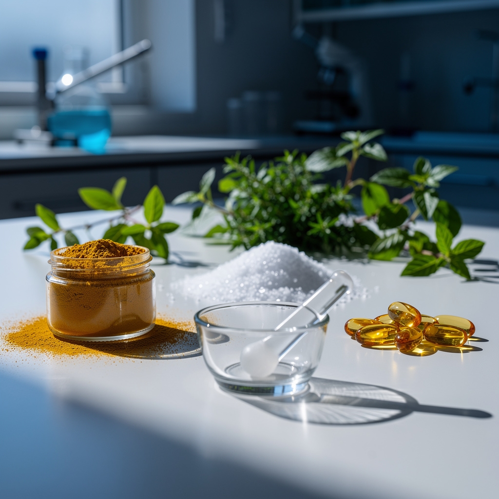 Mesa de laboratorio con ingredientes naturales y cápsulas en proceso de formulación